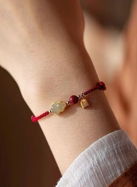 2026年本命年葫芦新款福禄红绳编织手链招财朱砂福牌手绳和田玉