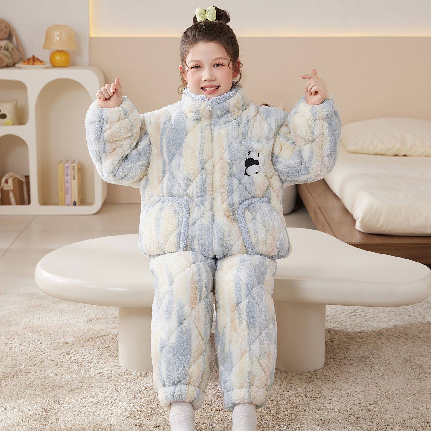 女童冬季卡通熊猫三层夹棉睡衣加厚保暖儿童珊瑚绒女孩冬款家居服,淘宝优惠券,粉丝福利购,淘宝优惠卷