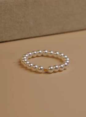 925银施家珍珠戒指叠戴素圈指环小众高级女轻奢串珠食指戒