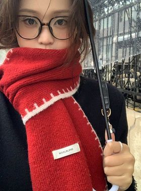 含羊毛高级感红色针织围巾女冬季2025新款韩系氛围感加厚保暖项链