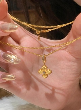 925轻奢法式复古时尚拉丝胖嘟嘟鸢尾花项链镶钻吊坠高级感锁骨链