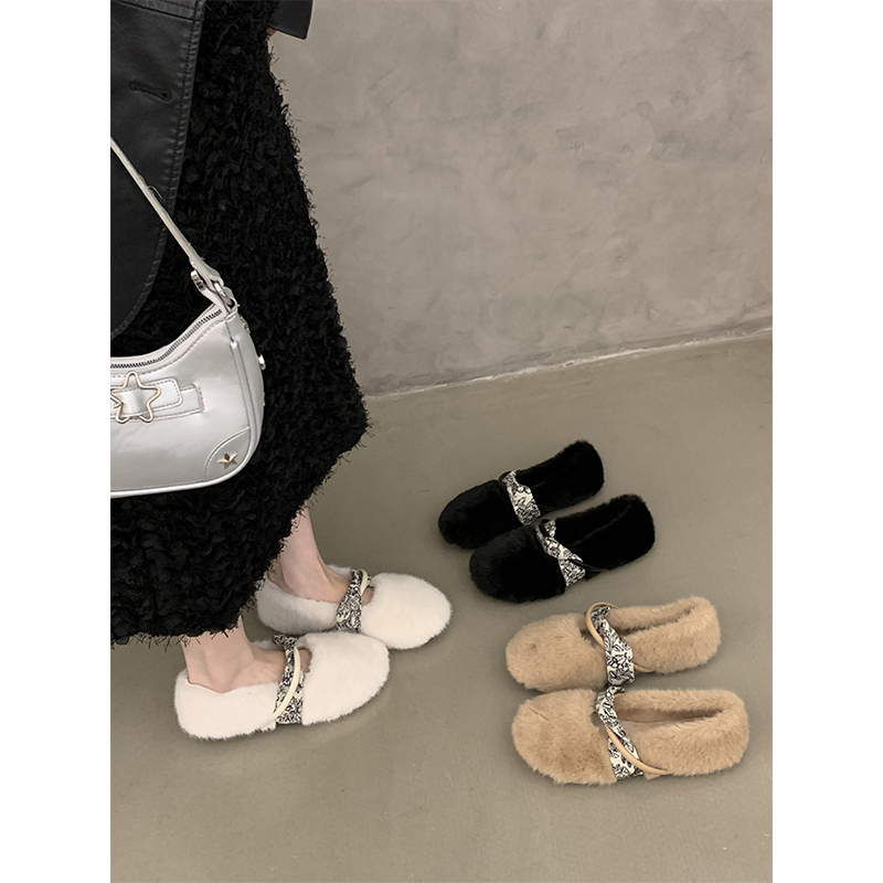 水貂毛平底加绒毛毛鞋女外穿2025秋冬季新款保暖一脚蹬孕妇棉瓢鞋 - 图0