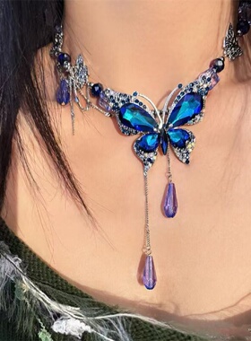 潮辣深蓝色水滴水晶串珠蝴蝶锁骨链女小众复古气质项链高级感颈链