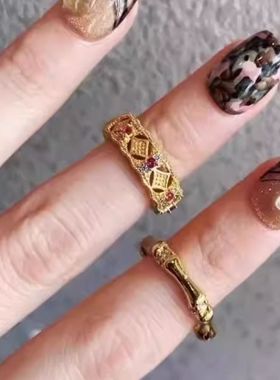 宫廷风复古金色珐琅五叶竹节锆石戒指新中式时尚高级感开口指环