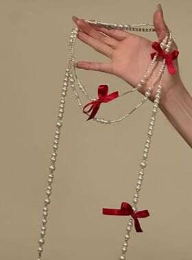 【加缪情书】红色蝴蝶结串珠项链新年氛围感独特高颜值锁骨链颈链