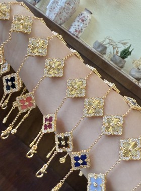 宫廷复古意大利高级感镭射雕刻五花手链镀金天然贝母百搭气质首饰