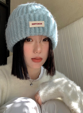 蓝色针织毛线帽女2026秋冬季百搭