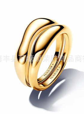潘家多拉S925纯银黄金色叠戴符号交缠戒指珍珠开口戒指对戒戒指