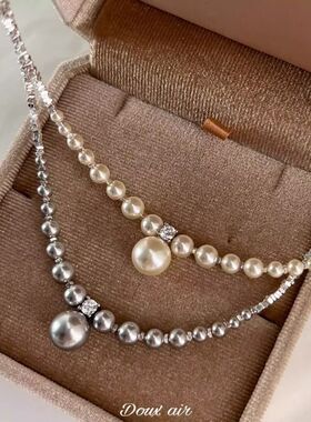 s925纯银碎银子施家珍珠项链女款2025新款爆款颈链渐变串珠锁骨链