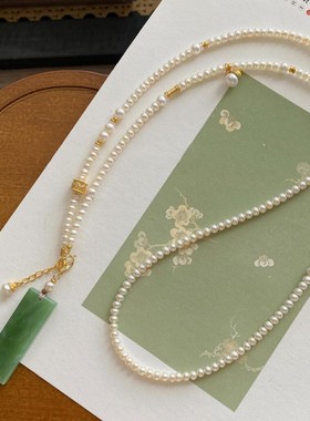 新中式碧钰无事牌吊坠项链女小众复古国风古韵和田钰珍珠百搭项链