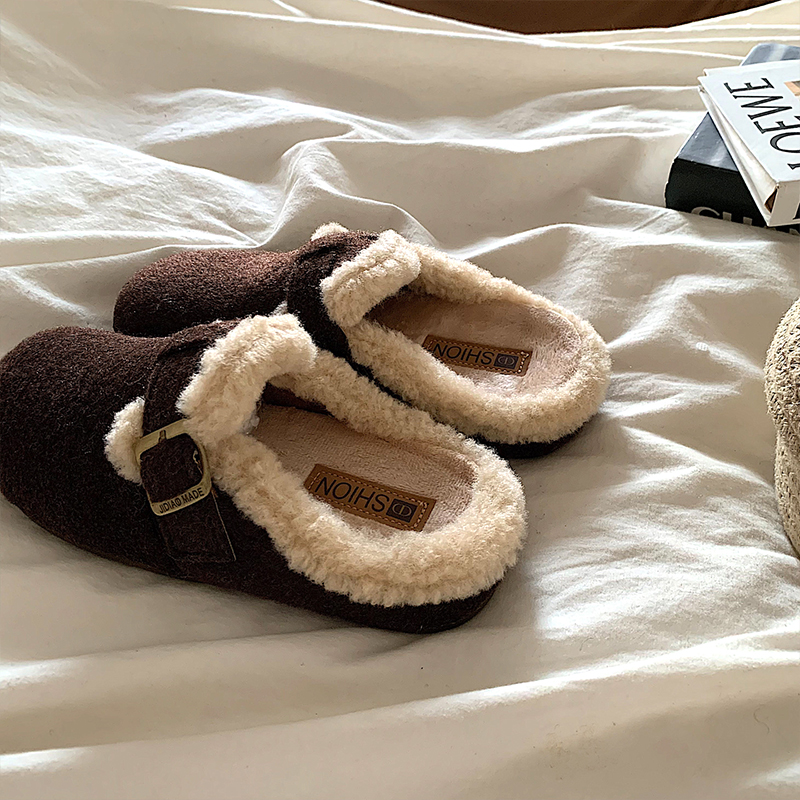 ~加绒勃肯半拖鞋女外穿ins毛茸茸一脚蹬保暖棉拖鞋灰色毛绒平底 - 图2