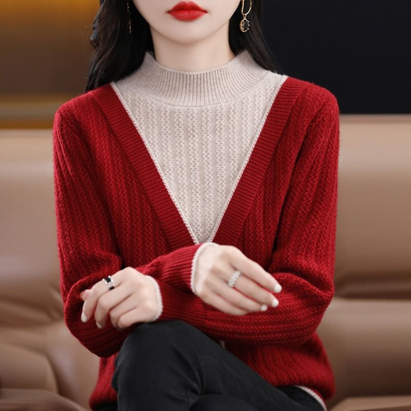 鄂尔多斯市羊毛衫女假两件半高领毛衣