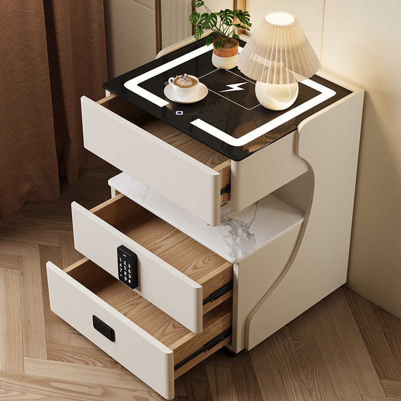 奶油风智能床头柜家用实木床边柜卧室钢化玻璃收纳柜子超窄保险柜,淘宝优惠券,粉丝福利购,淘宝优惠卷