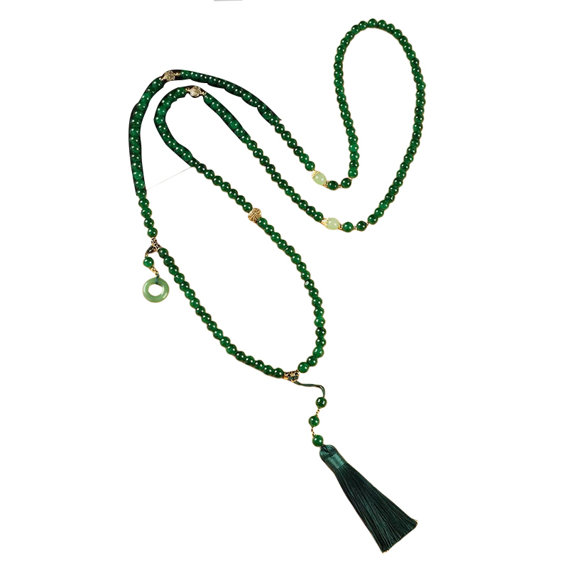 新中式唐装国风项链绿色串珠流苏项链高级感长款斜挎链配饰品叠戴 - 图3