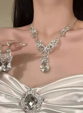 韩式新娘银色项链耳环套装女婚庆礼服搭配首饰高级感舞会礼服配饰