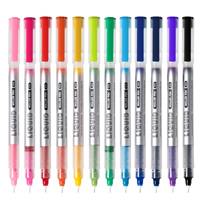 彩色直液式走珠笔速干重点标记做复古色彩色笔做笔记专用手绘笔黑色红水笔中性笔套装果汁12色笔帽针管考试