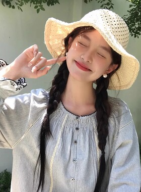夏季镂空针织渔夫帽子女2026新款海边度假感遮阳帽草帽潮白色宽檐