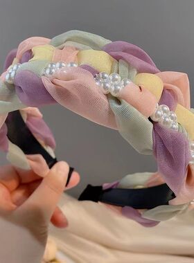 高档成人发箍新款加宽发卡带齿防滑发箍女士珍珠麻花编制压发头箍