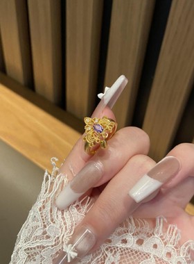 新中式紫色鸢尾花流苏开口戒指时尚轻奢复古宫廷风精致可调节指环