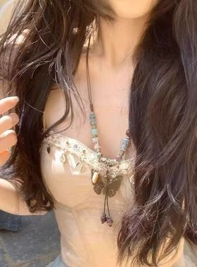 波西米亚复古蝴蝶串珠项链新中式国风女禅意叠戴百搭配饰吊坠花朵