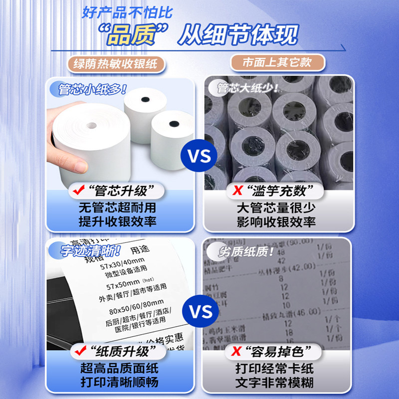 Thermal printing paper 57x50 cashier paper universal Meituan takeaway 80x80x60 Keruyun receipt printing roll paper coreless cashier paper supermarket restaurant kitchen printing roll receipt paper