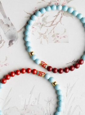 绿松石手串朱砂天然玉石串珠新中式好运手链女锦鲤转运珠紫金砂