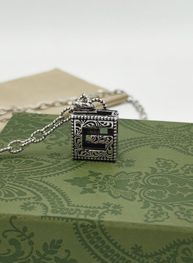古家925银字母方形G项链雕花镂空吊坠做旧长款织纹链男女项链礼物