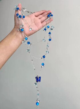 甜酷辣妹风蓝色蝴蝶流苏双层叠戴项链女时髦个性高级感锁骨链