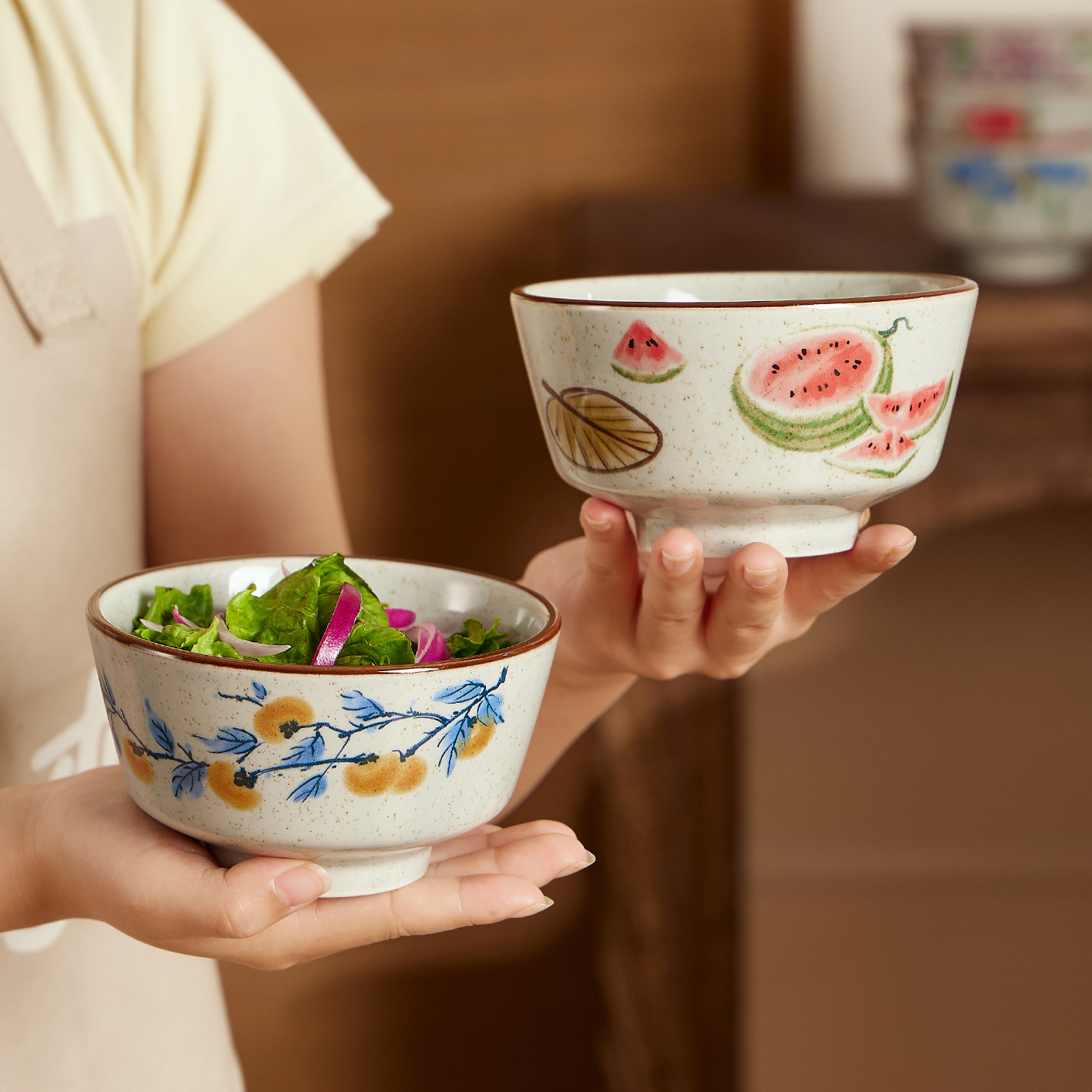 中式饭碗家用2025新款复古釉下彩陶瓷餐具高颜值米饭碗精致高温