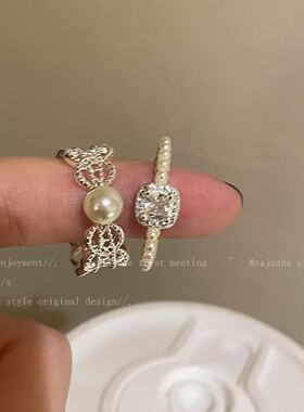 韩系蕾丝仿珍珠锆石戒女小众开口可调节食指戒禽舍高级感叠戴指环