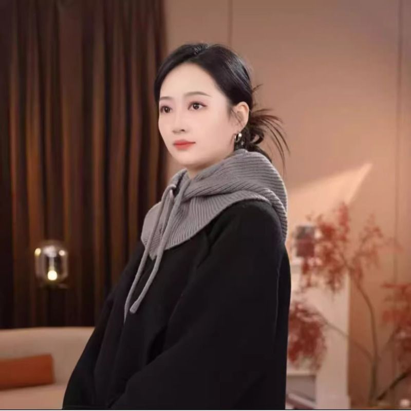 2025年新款纯色毛线帽子围脖一体护颈女秋冬加厚针织连帽围巾带扣 - 图2