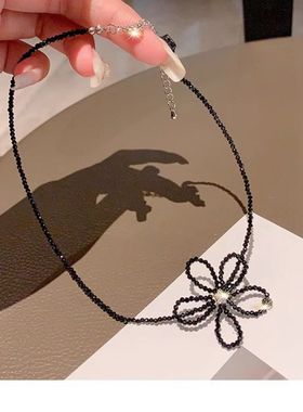 细项链锁骨链女轻奢高级感法式choker黑色水晶颈链