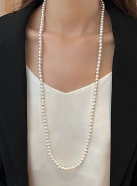 正圆强光澳白色珍珠项链女秋冬多圈叠戴毛衣链高级感小众百搭颈链