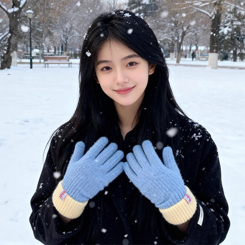 韩版新款蓝色毛绒可爱针织手套女学生秋冬骑行保暖防寒分指可触屏,淘宝优惠券,粉丝福利购,淘宝优惠卷