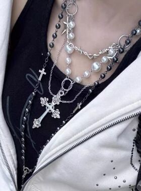 哥特叠戴十字架项链流苏choker颈链朋克配饰多层毛衣链串珠贝壳