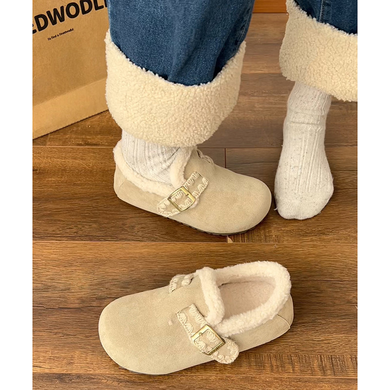 复古白色加绒加厚保暖平底棉鞋女2025新款冬季一脚蹬软底勃肯鞋子,淘宝优惠券,粉丝福利购,淘宝优惠卷