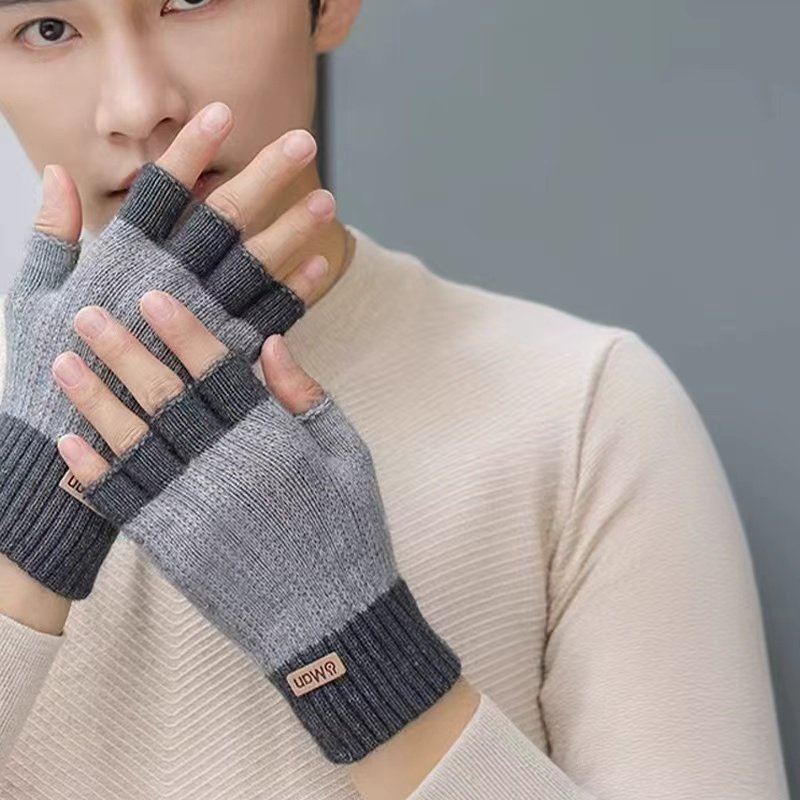 半指手套男士冬天保暖加绒加厚针织毛线露指学生写字秋冬季男触屏,淘宝优惠券,粉丝福利购,淘宝优惠卷