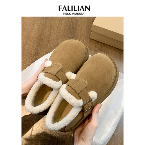 厚底加绒豆豆勃肯鞋女2025新款秋冬季乐福鞋博肯棉鞋子保暖雪地靴 - 图0