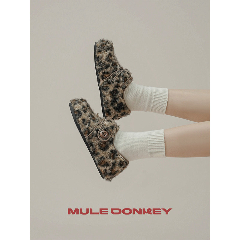 多嘴驴Doey勃肯鞋女秋冬季加绒保暖毛毛鞋一脚蹬毛绒豹纹棉鞋平底,淘宝优惠券,粉丝福利购,淘宝优惠卷