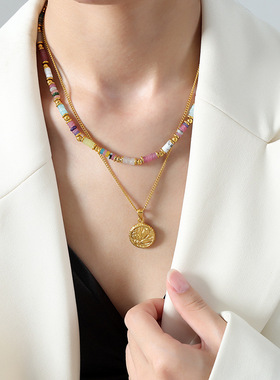 天然石算盘珠圆珠串珠手工项链钛钢18k金西太后个性百搭甜妹饰品