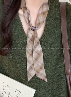 复古咖绿色系丝巾项链女小众碎花抽拉式长款秋冬毛衣链时髦配饰品