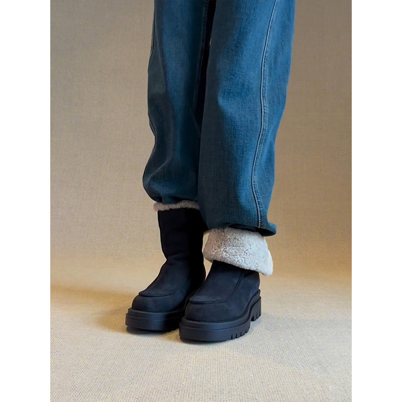 牛皮版~厚底冬季加绒外穿毛毛棉靴女短筒靴羊羔毛雪地靴黑色中筒,淘宝优惠券,粉丝福利购,淘宝优惠卷