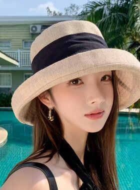 2026新款亚麻透气渔夫帽女款大帽檐防晒遮阳帽显脸小盆帽大檐