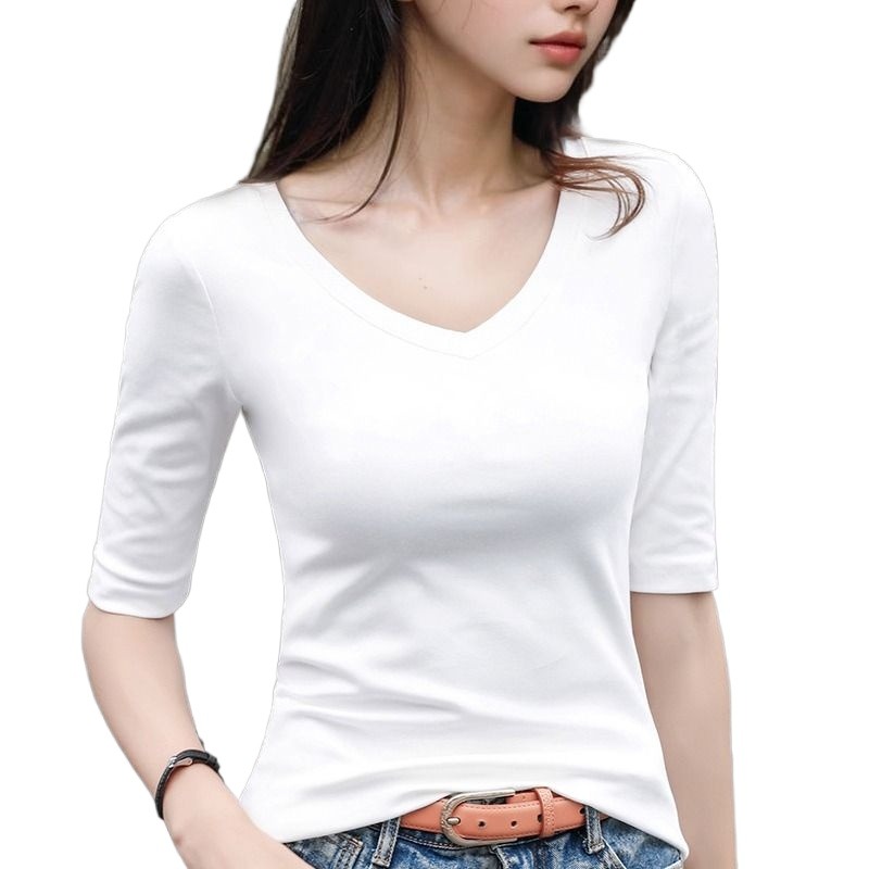 白色中袖t恤女修身纯棉五分袖内搭新款小衫洋气打底衫七分袖上衣