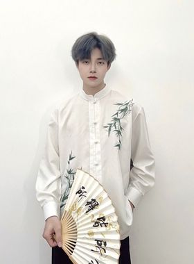 新中式竹子刺绣短袖衬衫男款夏季痞帅高级感衬衣中国风男装外套潮