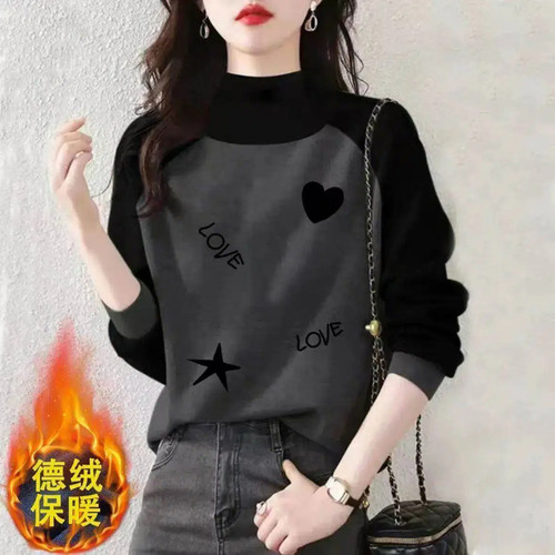 打底衫女半高领德绒长袖秋冬季新款拼接大码百搭显瘦撞色上衣T恤B - 图3
