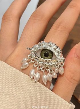 欧美个性夸张恶魔之眼流苏指环女高级感设计开口戒指精致手指配饰