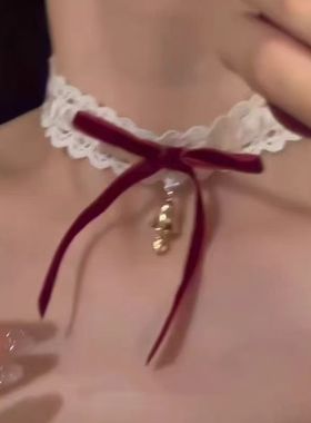 2026新款圣诞节丝绒蝴蝶结铃铛蕾丝choker项链秋冬氛围感配饰颈链