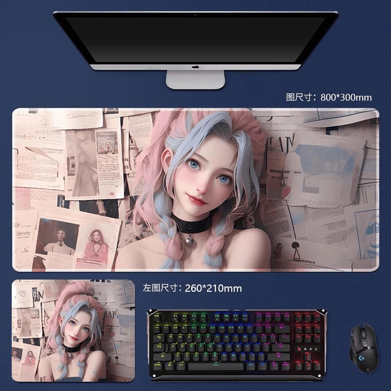 高颜值美少女电竞鼠标垫男女生大号防滑锁边护腕唯美办公电脑桌垫