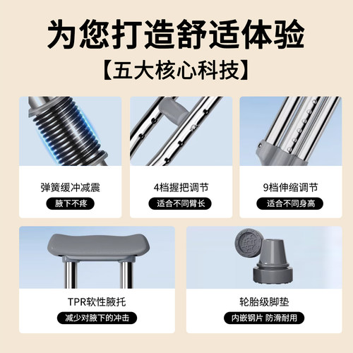 医用腋下拐杖老年轻人康复走路辅助行走防滑拐棍骨折专用双拐轻便 - 图1